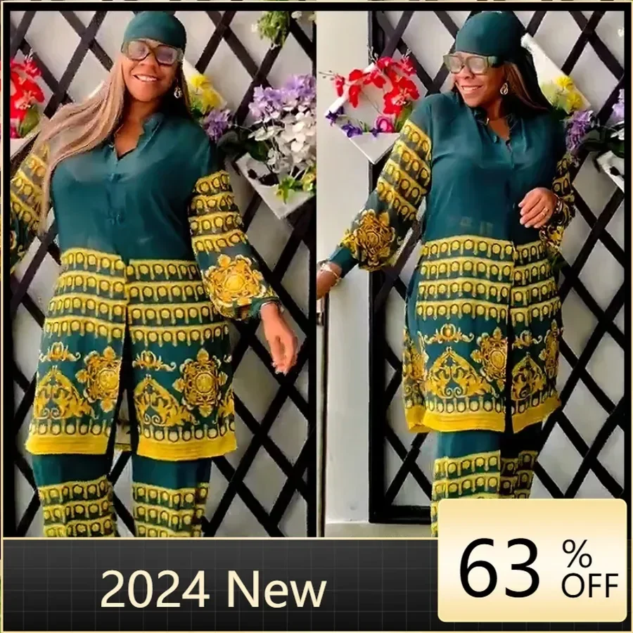 

2 Piece African Clothes for Women Autumn Elegant Long Sleeve O-neck Top Pant Plus Size Matching Sets Dashiki African Clothing