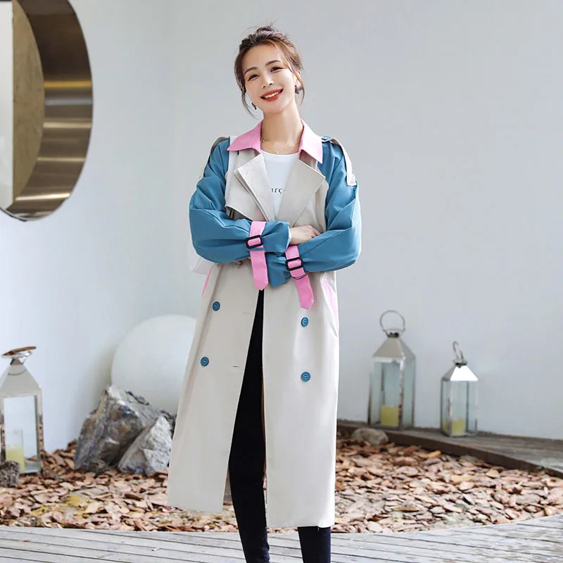 

Women Color Matching Windbreaker Spring Autumn Loose Korean Long Overcoat Female Trench Coat With Sashes 2023 Casual Moda Mujer