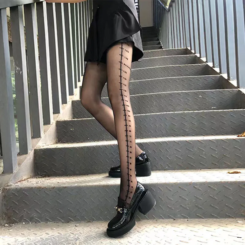 

Women's Pantyhose Slim Sexy Scale Mark Printing Ruler Print Black Stockings Nightclub Fashion Black Women's Tights