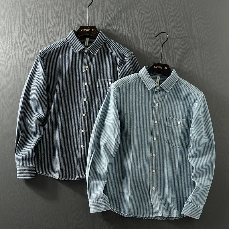 Heavyweight Washed Blue White Striped Trade Men's Europe Lapel Long-sleeved Shirt Outdoor Trekking Tooling Overshirt Camp Blouse
Heavyweight Washed Blue White Striped Trade Men's Europe Lapel Long-sleeved Shirt Outdoor Trekking Tooling Overshirt Camp Blouse
