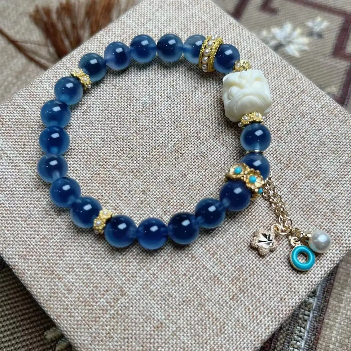 

National Style Ivory Nut Xingshi Custom Bracelet New Chinese Natural Blue Heart Agate Bracelet Niche Design