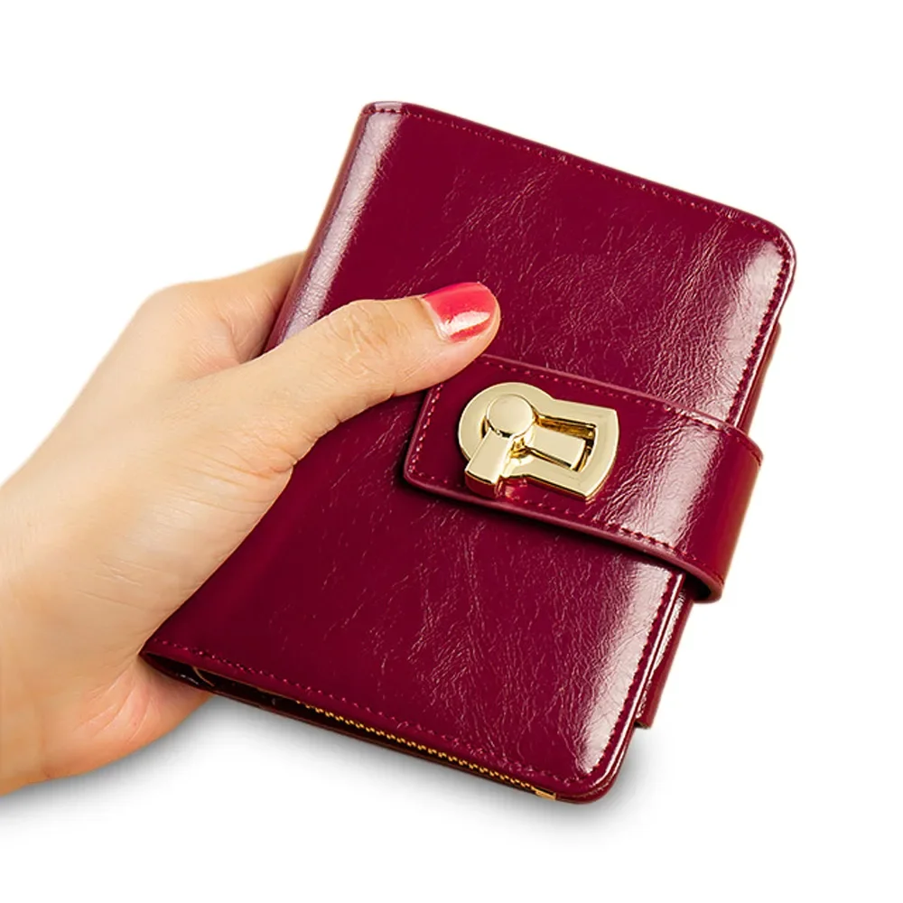 

Small Wallet for Women Genuine Leather Designer Metal Lock Luxury Short Female Purses Card Holder Ladies Clutch Coin Money Bags