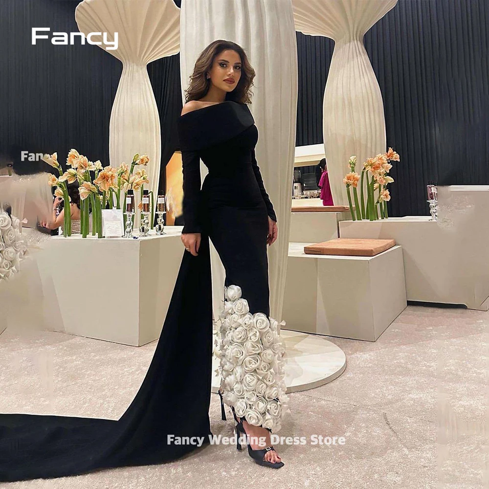 

Fancy Black Saudi Arabic Women Evening Dresses 3D Flowers Off Shoulder Long Sleeeves Prom Gowns Formal Occasion Dress 2024