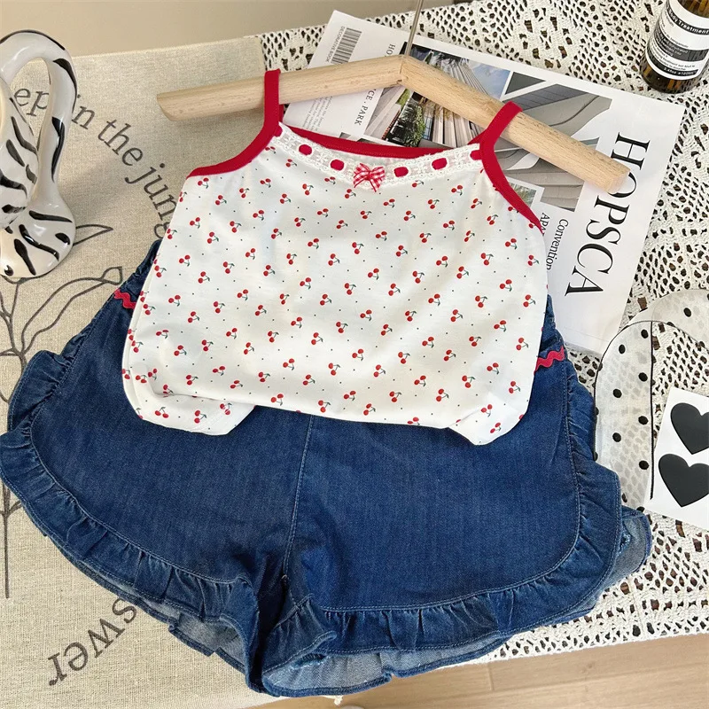 

Korean 2024 Summer Infant Baby Girl 2PCS Clothes Set Cherry Print Slip Tops Loose Solid Selvedge Denim Shorts Little Girl Outfit