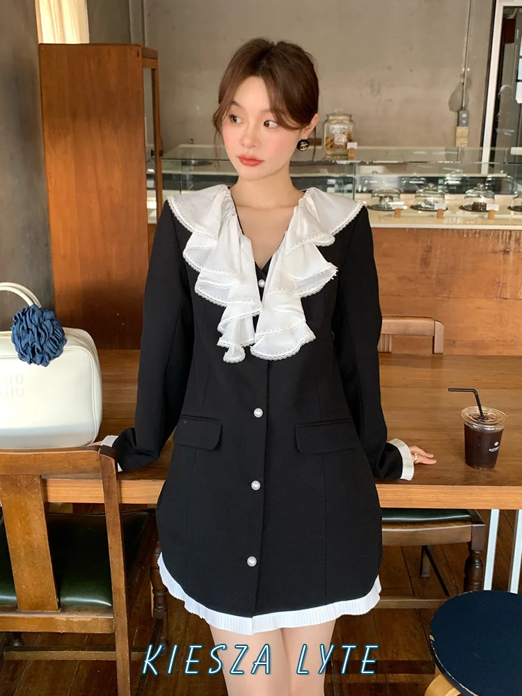 

New 2024 Spring/Summer Dress French-style Hepburn Ruffle V-neck Slim-fit Suit Dress black Blazers for Wonen Fashion Party show