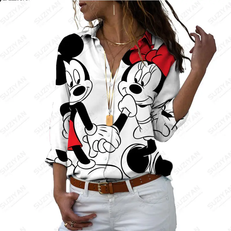 

Весенняя Новинка 2023, Облегающая рубашка с длинным рукавом и милым рисунком Минни и Микки-Мауса Диснея, шифоновая Свободная рубашка с пуговицами на весну