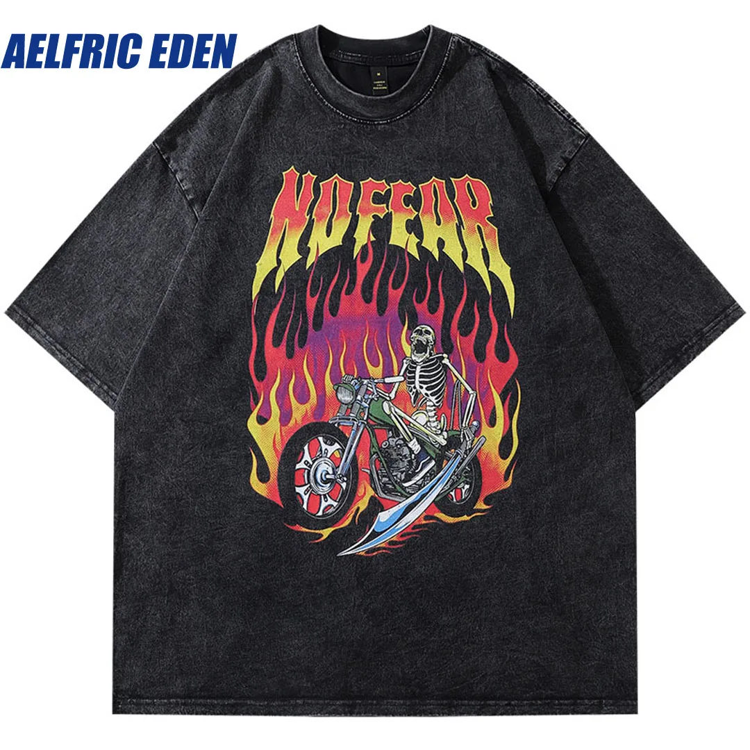 

Aelfric Eden Hip Hop Men T-Shirt Vintage Flame Skull Skeleton Print Washed Tshirt Hip Hop Punk Gothic Tee Shirts Harajuku Tops