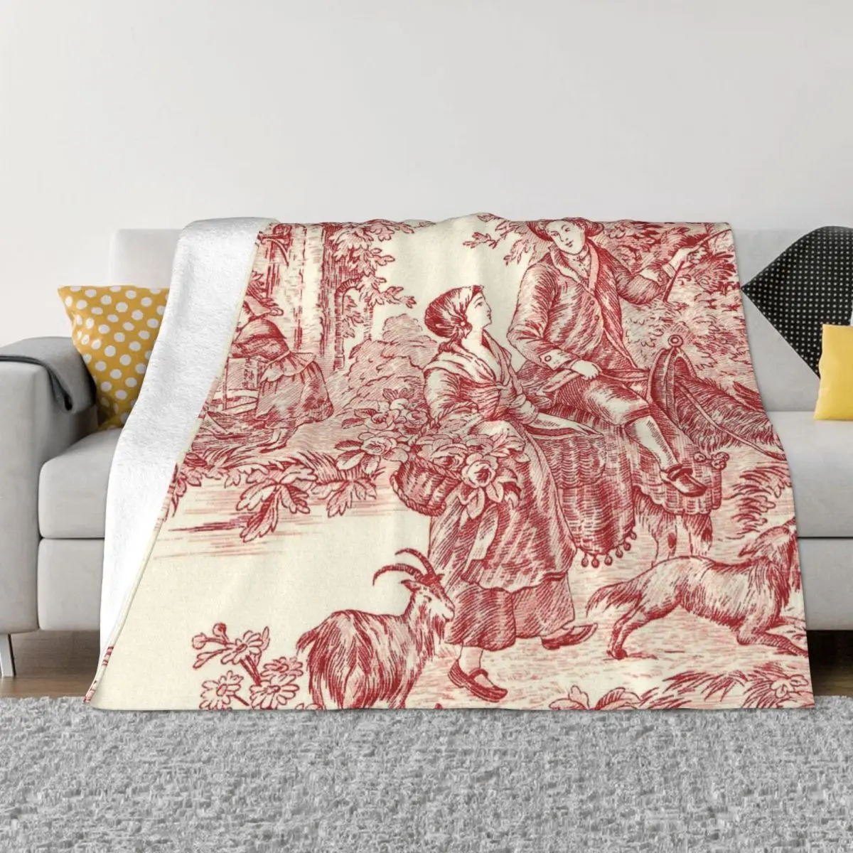 

French Country Toile De Jouy Blanket 3D Print Soft Flannel Fleece Warm Motifs Throw Blankets for Home Bedding Sofa Bedspreads