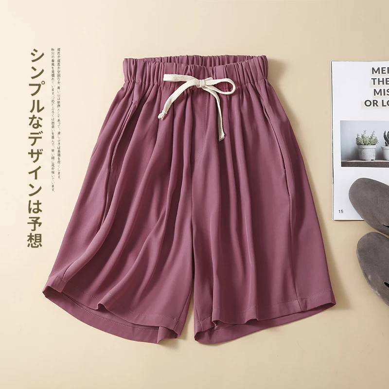 

Japanese Fashion Women Shorts Thin Soft Summer Woven Wide Hem Elastic Waist Draw String Short Pants