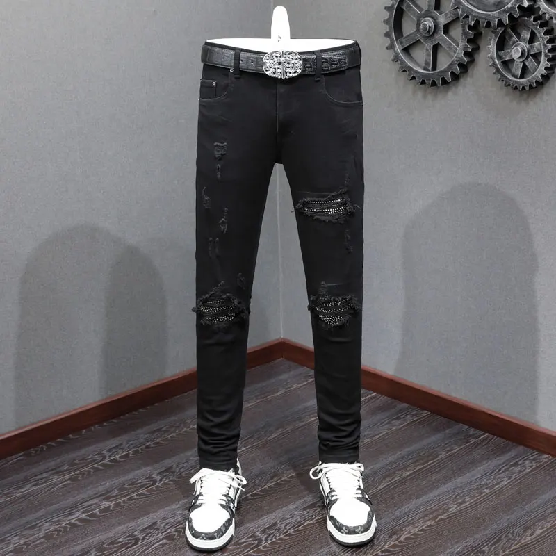 

Street Fashion Men Jeans Black Stretch Skinny Fit Ripped Jeans Beading Patched Designer Hip Hop Brand Pants Men Punk Trousers