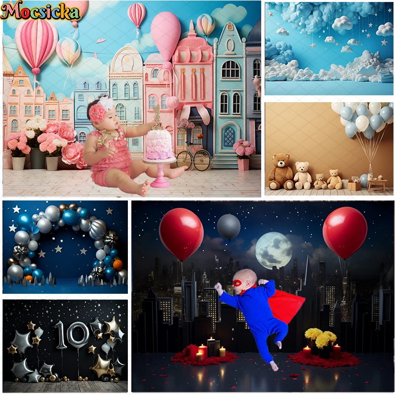 

Newborn Baby Birthday Party Photo Backdrop Balloon Bear Decor Props 1st Kids Birthday Cake Smash Studio Photography Backgrounds