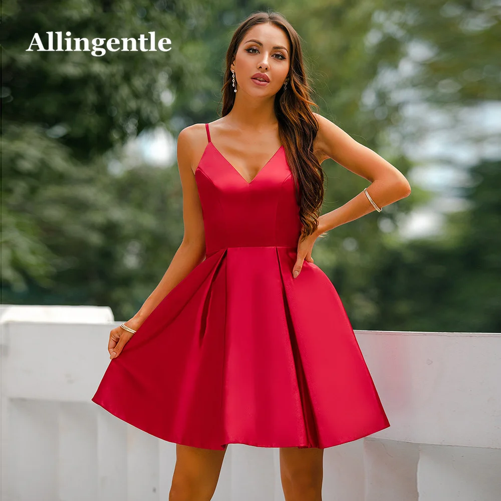 

Allingentle Satin Homecoming Dress Spaghetti Straps V Neck Party Formal Gown Ruched A Line Short Graduation Girls Cocktail Dress