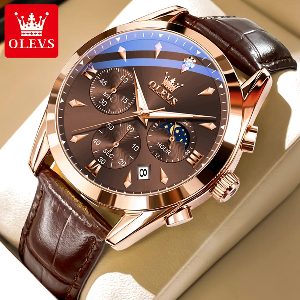 

OLEVS Brand Luxury Chronograph Quartz Watch for Men Leather Waterproof Luminous Calendar Sport Mens Watches Relogio Masculino