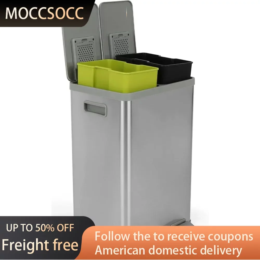

Trash Can 40 Liter Rectangular Hands-Free Dual Compartment Recycling Kitchen Step Trash Can With Soft-Close Lid Recycle Bin Home