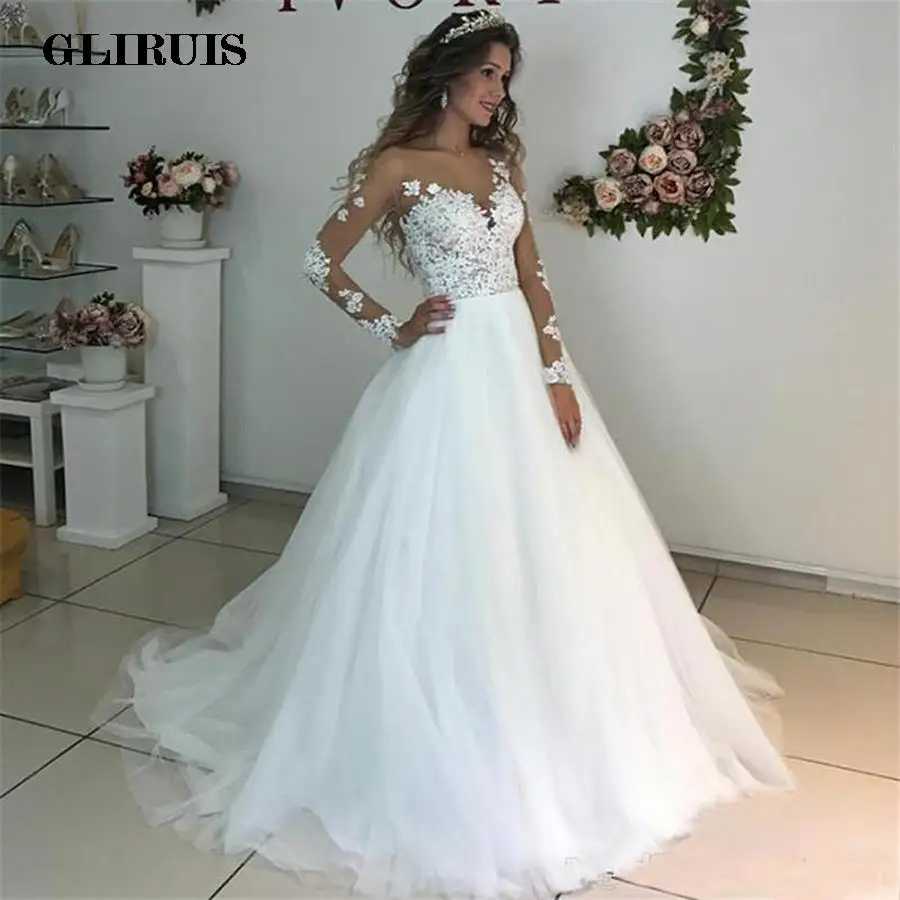 

Illusion Scoop Neck Wedding Dresses Lace Tulle Gown With Lace Appliqued Long Sleeve Sweep Train robe de mariee 2020 Bride Dress