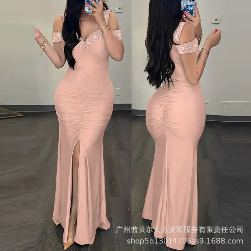 

Short Sleeve High Waist Split Pleated Dresses Y2K V-neck Tight Sheath Dress Women Off Shoulder Slim Fits Bodycon Party Dress