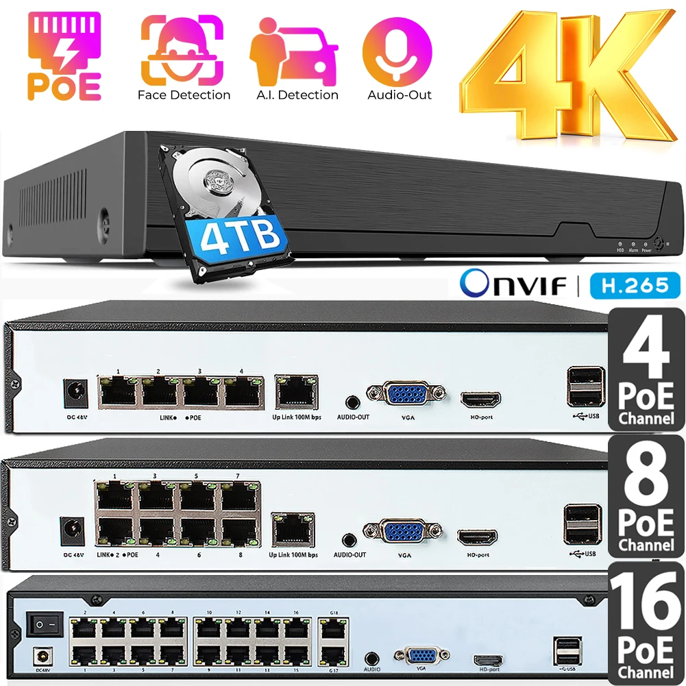 

4K 8MP Onvif NVR PoE 4-8-16CH NVR for IP Cameras CCTV Home Security System NVR Recorder H.265 Face Detect Network Recorder XMeye
