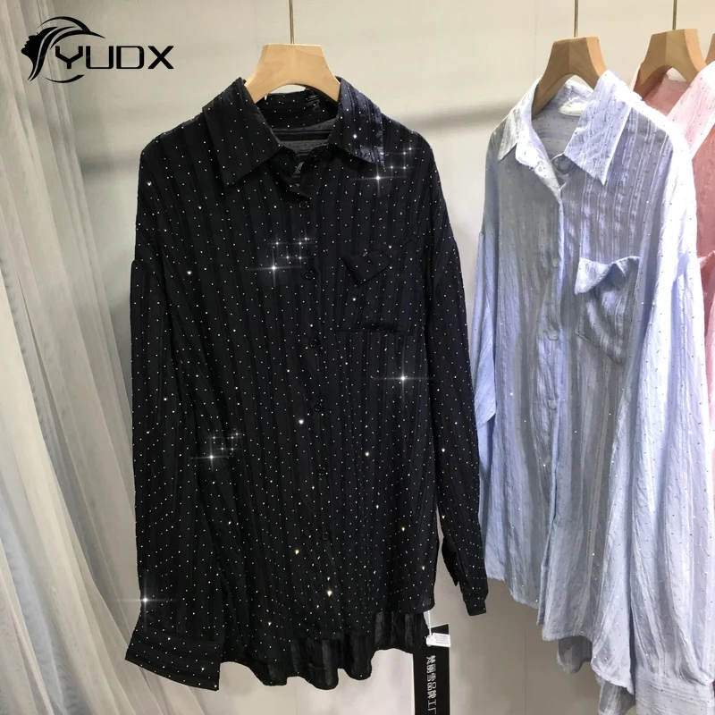 

YUDX Babysbreath Hot Drilling Loose Women Blouses All-match Spring Summer Cardigans Coat Mid-long Casual Sunscreen Shirt Tops