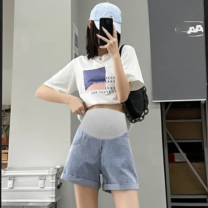 

Джинсовые шорты в Корейском стиле для беременных женщин с высокой талией и полосками по бокам Лоскутные хлопковые брюки для беременных с регулируемой талией короткие джинсы