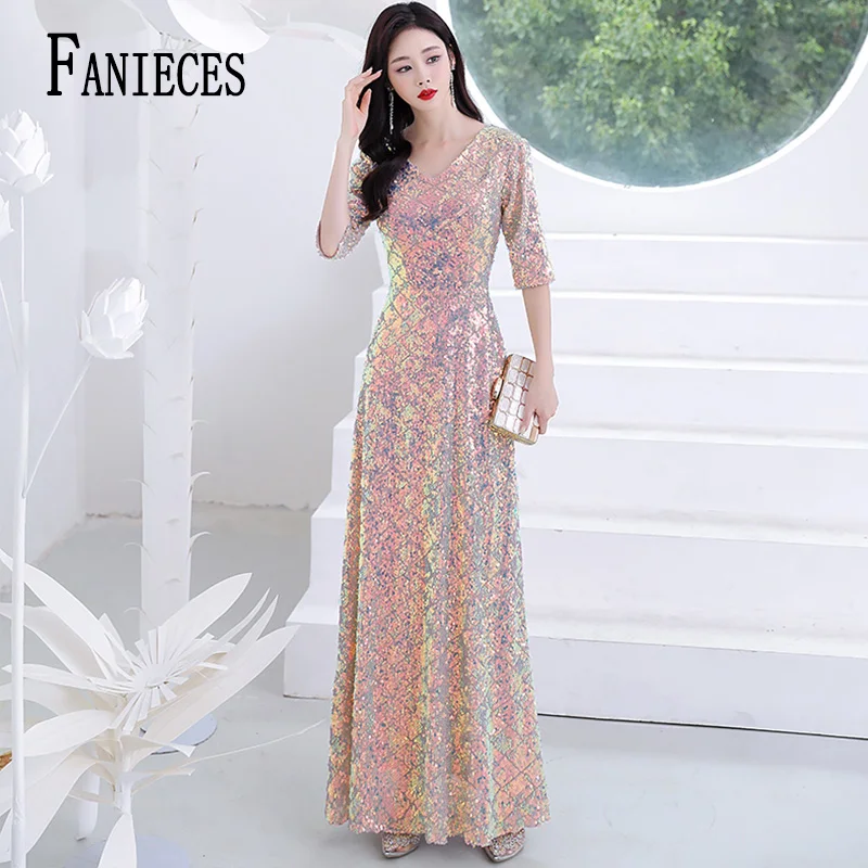 

FANIECES Luxury Sequins Party Evening Floor-length Dresses Women Three-Quarter Sleeve V Neck Prom Gown Robe Longue Femme Vestido