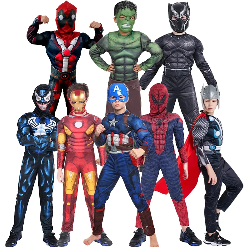 

Костюм Супергероя человека-паука, Капитана Америка, Железного человека, Тора, Халка, костюм для косплея, боди для мышц, комбинезон для детей, для Хэллоуина