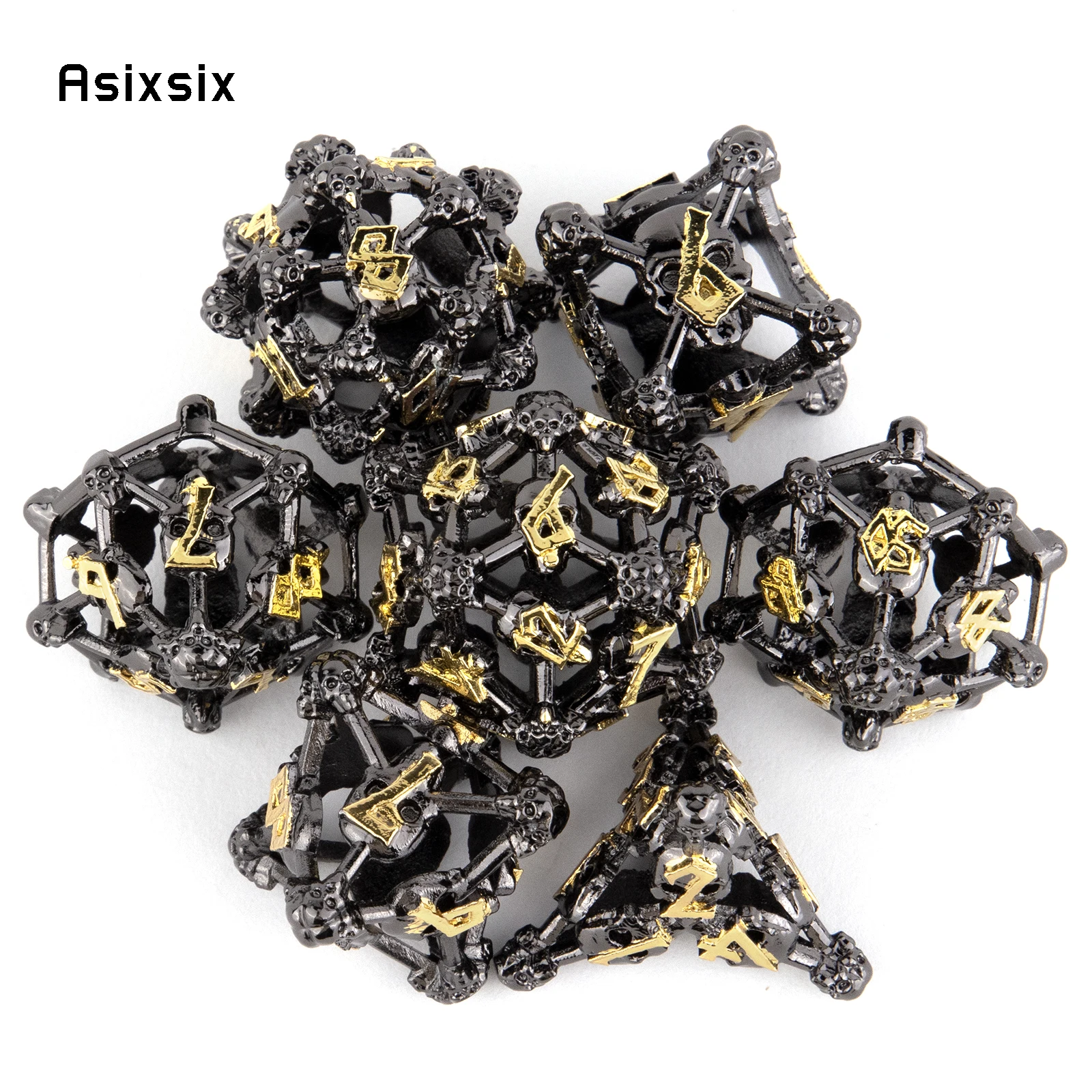 7 Pcs Black Yellow Skull Head Metal Dice Hollow Metal Polyhedral Dice Set Suitable for Role-Playing RPG Board Game Card Game
7 Pcs Black Yellow Skull Head Metal Dice Hollow Metal Polyhedral Dice Set Suitable for Role-Playing RPG Board Game Card Game