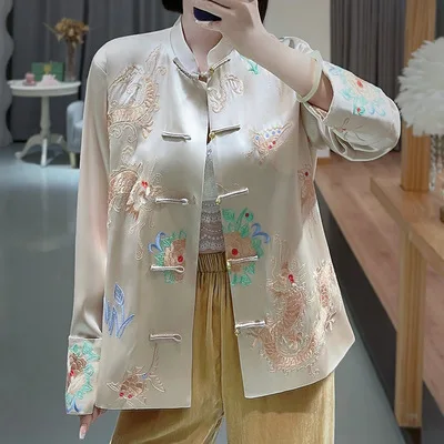 High Quality New Chinese Style Acetate Satin Embroidered Dragon Coat Women's Autumn Vintage Single Breasted Loose Top S-XXL
High Quality New Chinese Style Acetate Satin Embroidered Dragon Coat Women's Autumn Vintage Single Breasted Loose Top S-XXL