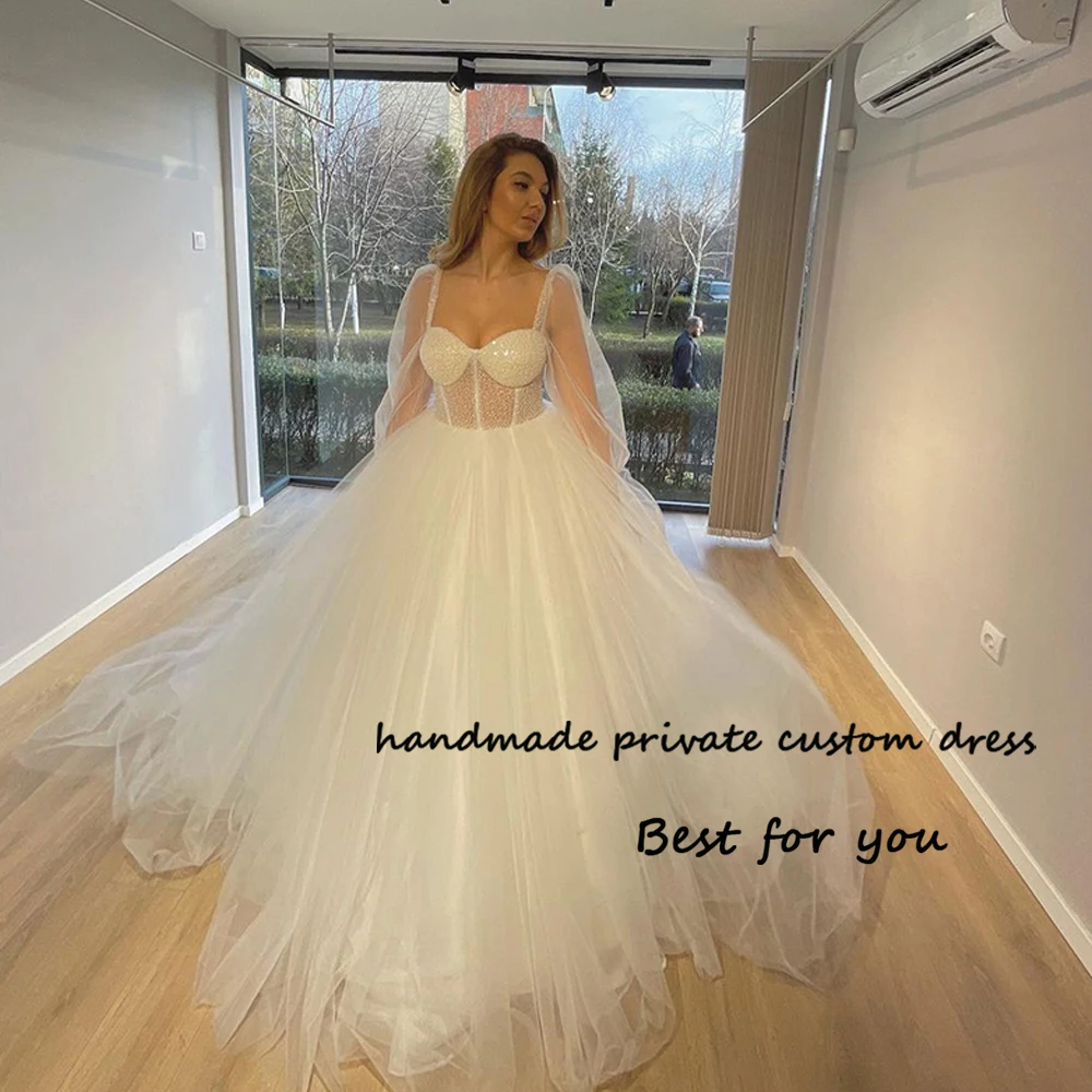 Ivory Tulle A Line Wedding Dresses for Bride Long Sleeve Sweetheart Princess Bride Dress with Train Beach Elopement Wedding Dres
Ivory Tulle A Line Wedding Dresses for Bride Long Sleeve Sweetheart Princess Bride Dress with Train Beach Elopement Wedding Dres