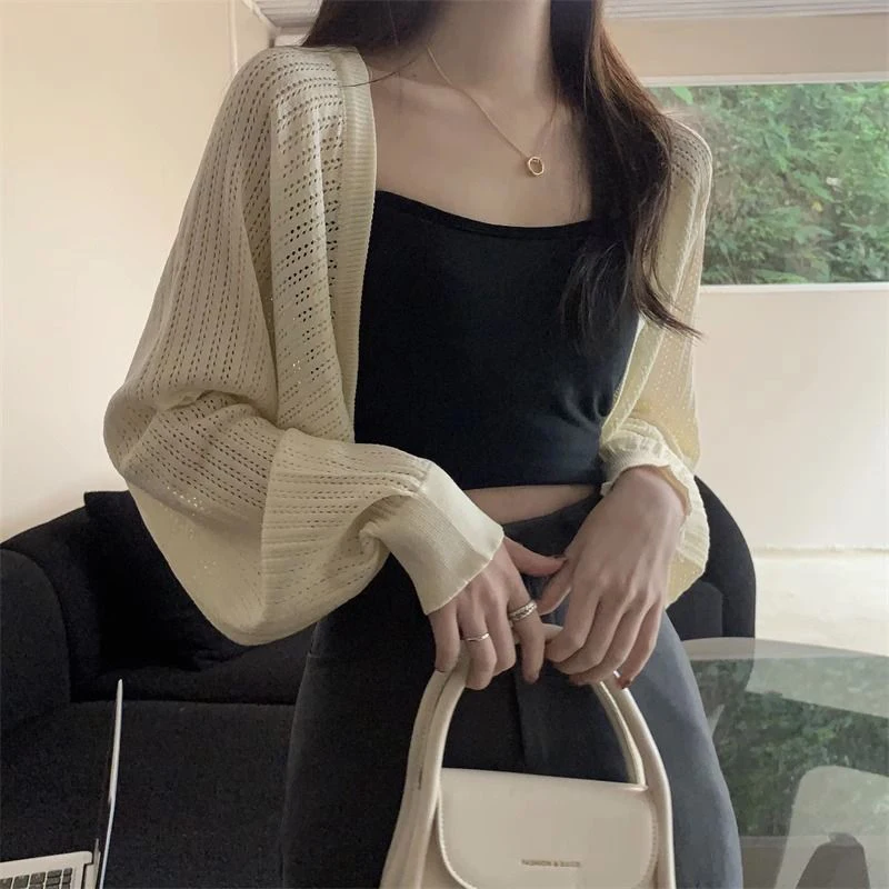 

Rimocy Sunscreen Crop Knit Cardigan Women Korean Style Solid Color Thin Cardigan Coat Woman Simple Long Sleeve Smock Top Ladies