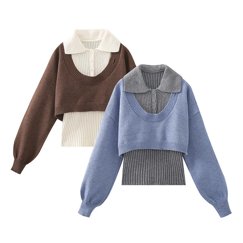 Fashion Contrast Color Fake Two Piece Women's Knitted Pullover Winter Long Sleeve Button Short Loose Sweater Women's Top
Fashion Contrast Color Fake Two Piece Women's Knitted Pullover Winter Long Sleeve Button Short Loose Sweater Women's Top