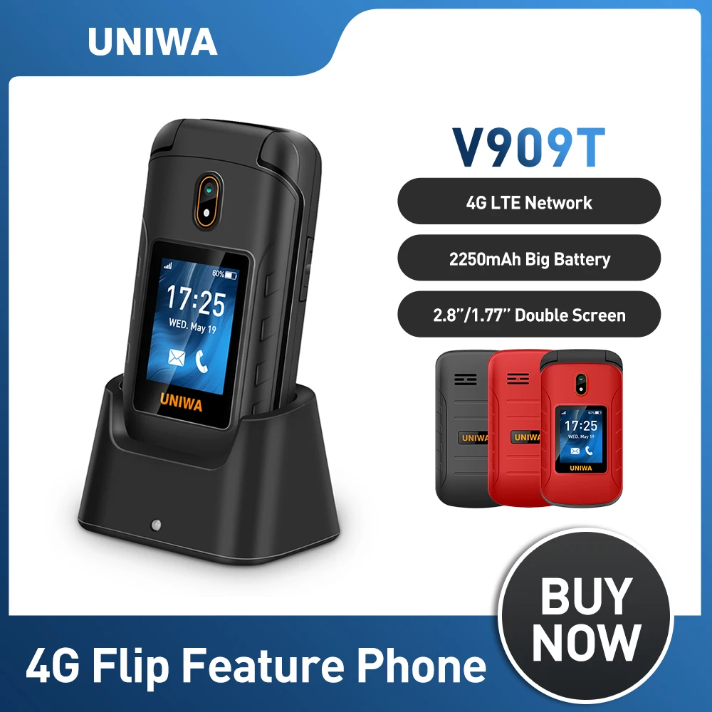 

UNIWA V909T Big Push-Button 4G Flip Phone Dual Screen 0.3MP Camera FM Radio Russian Hebrew Keyboard 2250mAh Clamshell Cellphone