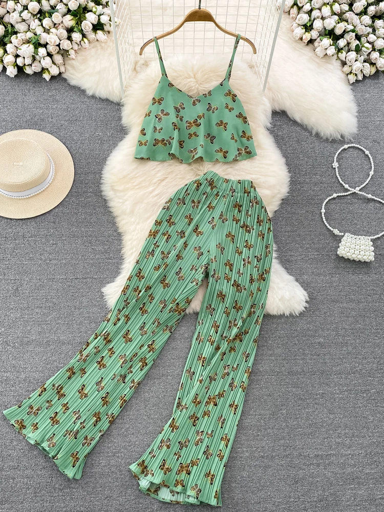 Женские летние брючные комплекты, маленький жилет на бретелях с принтом бабочки, повседневные узкие плиссированные широкие брюки с высокой талией D3239
Женские летние брючные комплекты, маленький жилет на бретелях с принтом бабочки, повседневные узкие плиссированные широкие брюки с высокой талией D3239