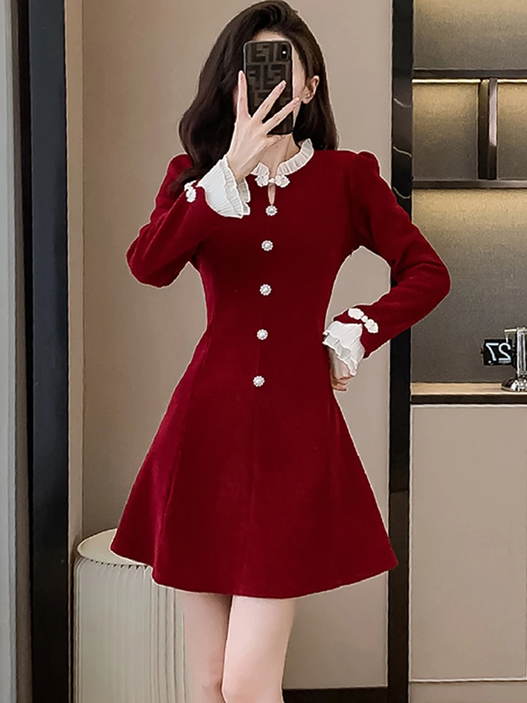 Female Red Corduroy Chic Ruffled Collar Mini Dress Autumn Winter Elegant and Pretty Women's Dress 2023 Korean Vintage Prom Dress
Female Red Corduroy Chic Ruffled Collar Mini Dress Autumn Winter Elegant and Pretty Women's Dress 2023 Korean Vintage Prom Dress