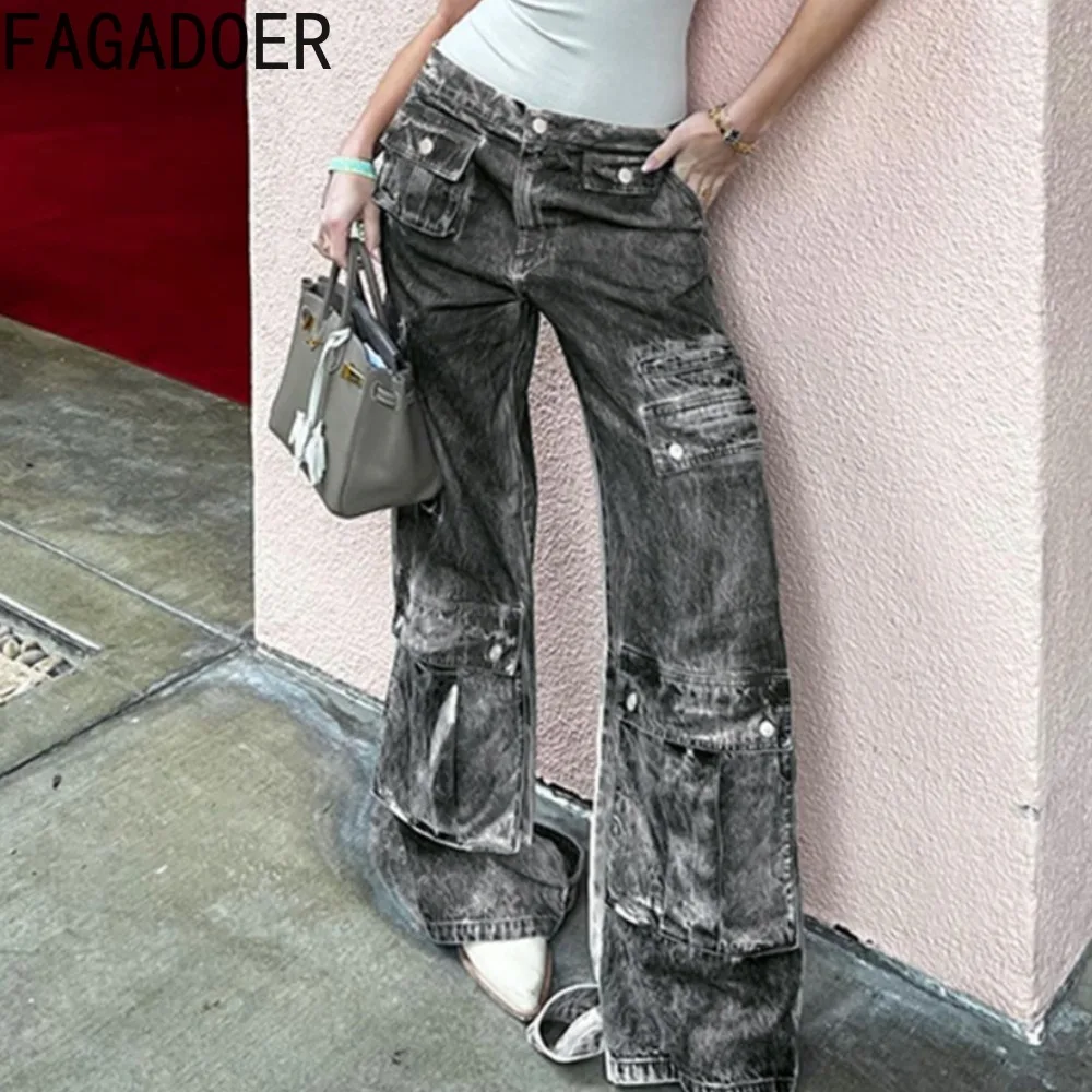 

FAGADOER Fashion Tie Dye Printing Denim Pants Women High Waist Button Pocket Straight Jean Trousers Spring New Cowboy Streetwear