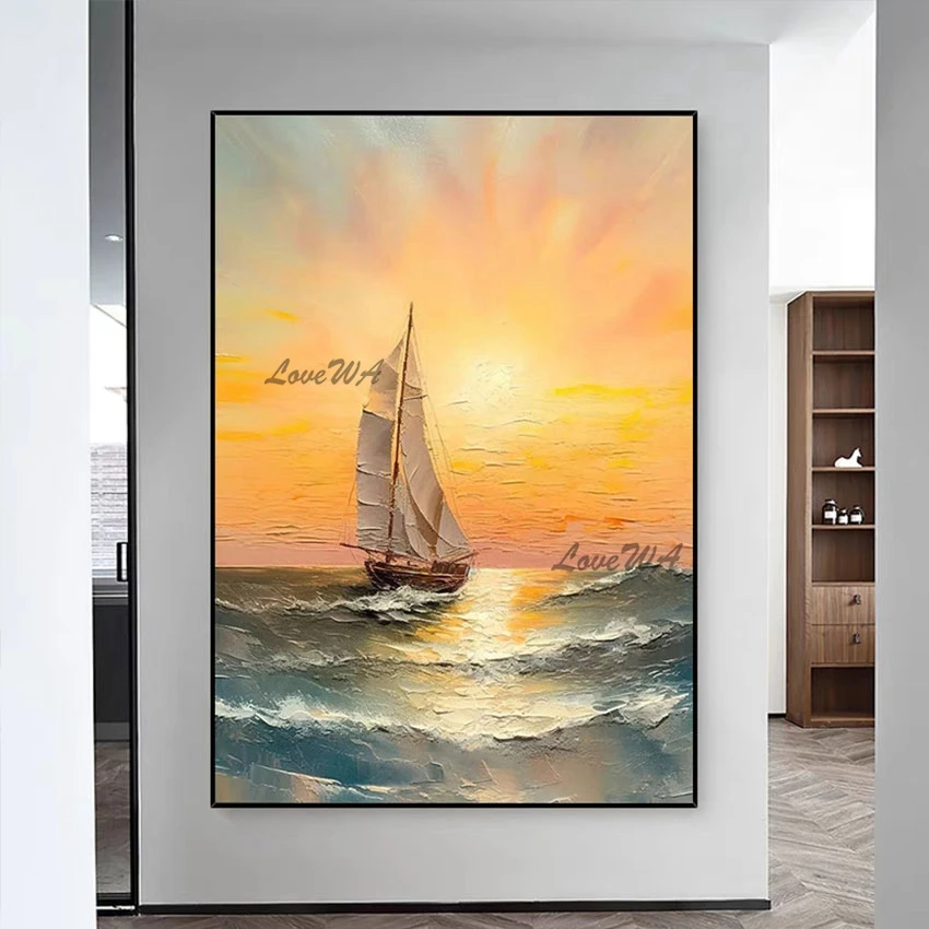 

Canvas Art Abstract Seascape Drawing Unframed Pure Handmade Modern Sailboat Oil Painting 3D Beautiful Scenery Picture Wall