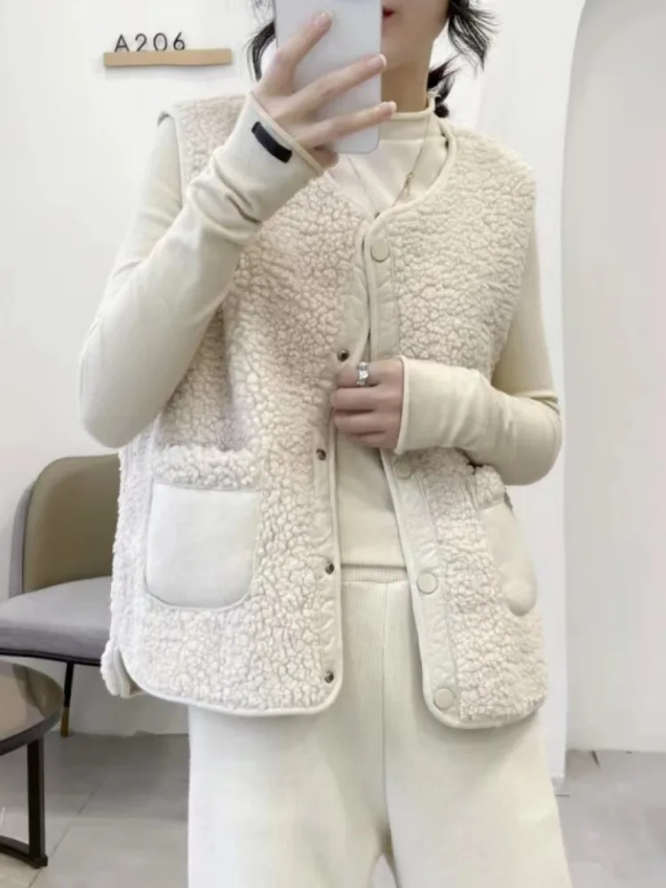 

Lamb Wool Vests Autumn Winter Sleeveless Jacket Fleece Korean Women Clothing Warm Waistcoat Single-breasted Pocket Solid Coat