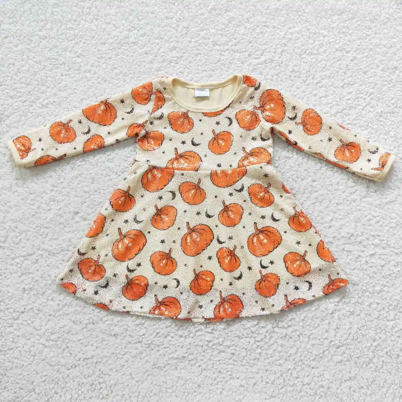 

GLD0271 Kids Halloween Clothes Long Sleeve Sequins Pumpkin Print Milk Silk Boutique Baby Girl Dress
