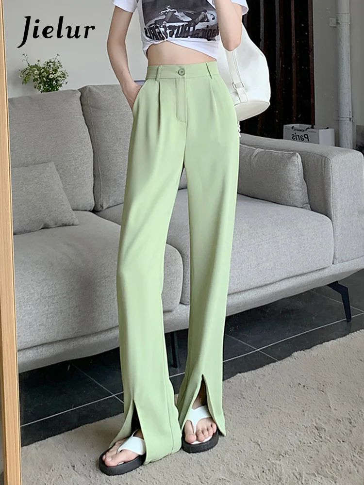 

Jielur Korean High Waist Split Suit Pants for Women Straight Loose Casual Khaki Green Pink Pants Female Trousers S-4XL Size