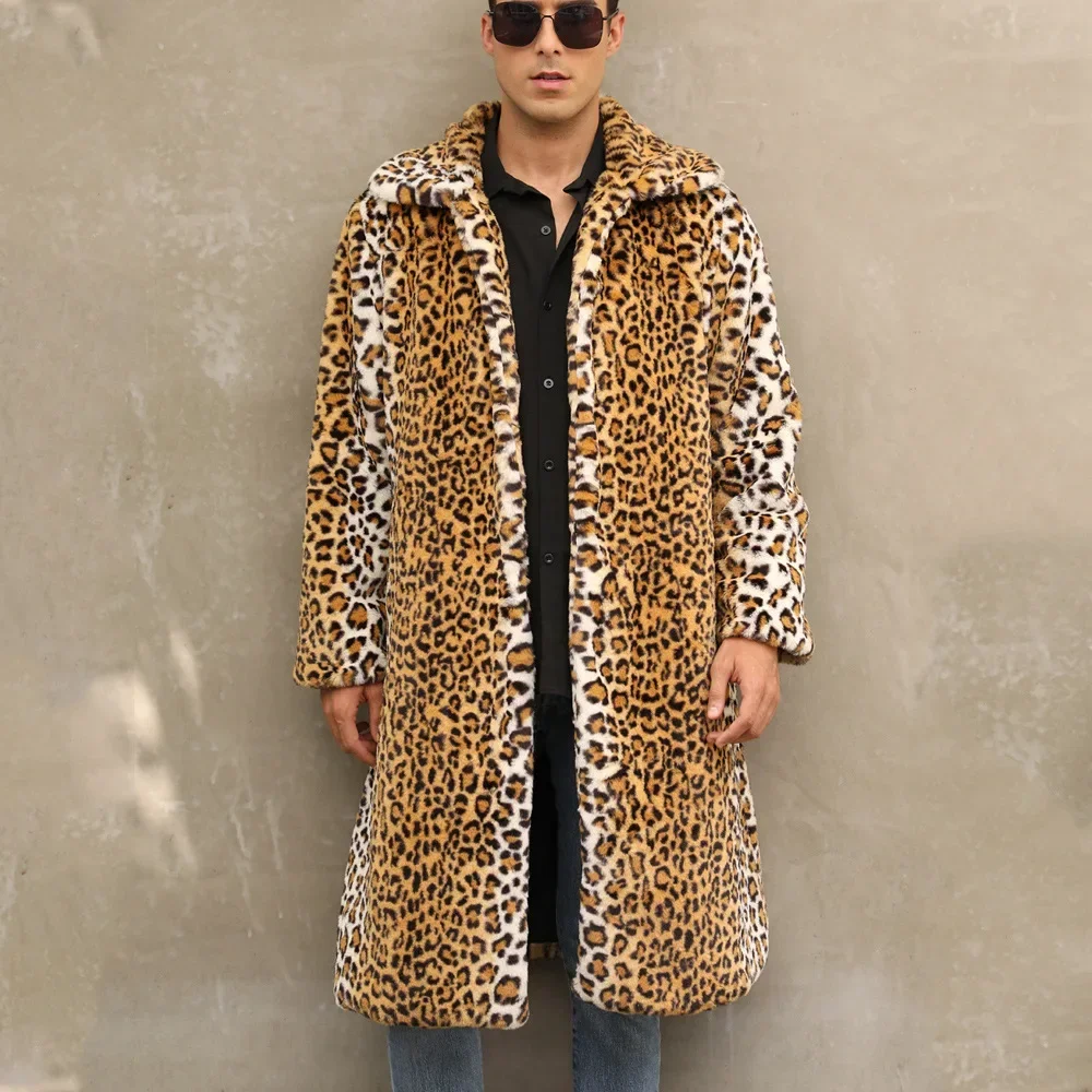 

Зимнее мужское теплое длинное пальто из искусственного меха, Длинные куртки с леопардовым принтом из искусственного меха для отдыха, толстые пушистые Роскошные куртки, верхняя одежда 2023
