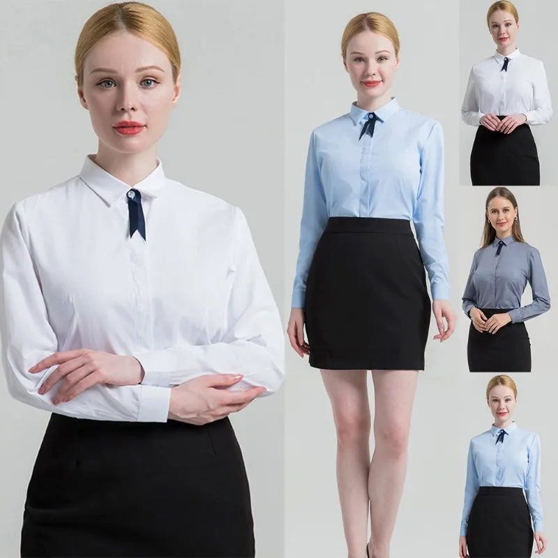 

Women's Long Sleeve Slim Shirt Korean Cotton Blended Commuter Office OL Work Shirt Ladies Business Casual Blouse Womens Tops