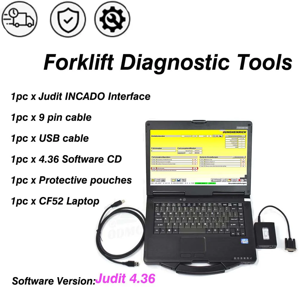 Forklift Diagnostic Tools JUDIT-4 Jungheinrich Diagnostic Scanner Kit Judit Incado Box Judit 4.36 with CF52 Laptop
Forklift Diagnostic Tools JUDIT-4 Jungheinrich Diagnostic Scanner Kit Judit Incado Box Judit 4.36 with CF52 Laptop