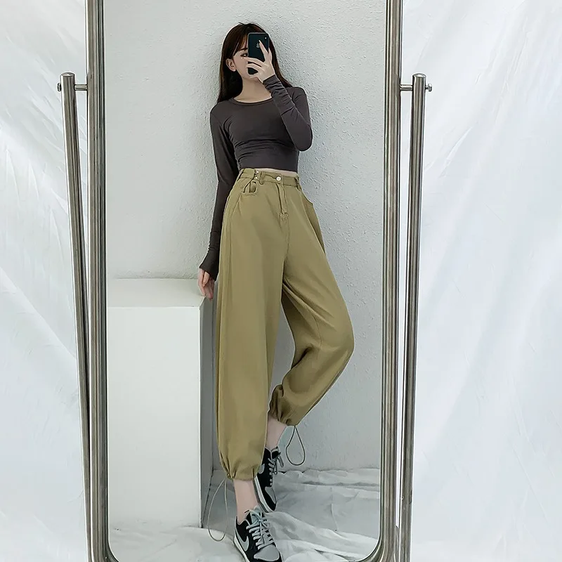 

Womens High Waist Jeans High Street Retro Streetwear Black Khaki Cargo Pants Female Loose Ankle Banded Pants Denim Trousers