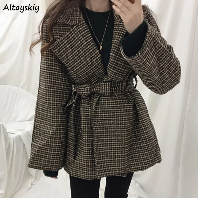 

Women Autumn Winter Blends Vintage Plaid Coats Loose Stylish Office Style Ladies Lace-up Outwear Graceful All-match Mature Mujer