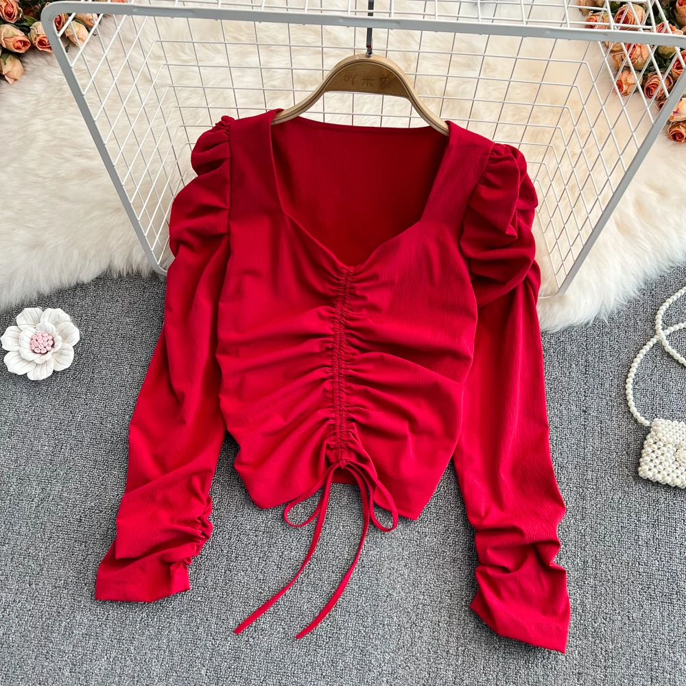 Foreign Style Bubble Sleeve Head V-neck T-shirt Women's 2022 Spring Temperament Design Sense Slim Drawcord Pleated Short Top
Foreign Style Bubble Sleeve Head V-neck T-shirt Women's 2022 Spring Temperament Design Sense Slim Drawcord Pleated Short Top