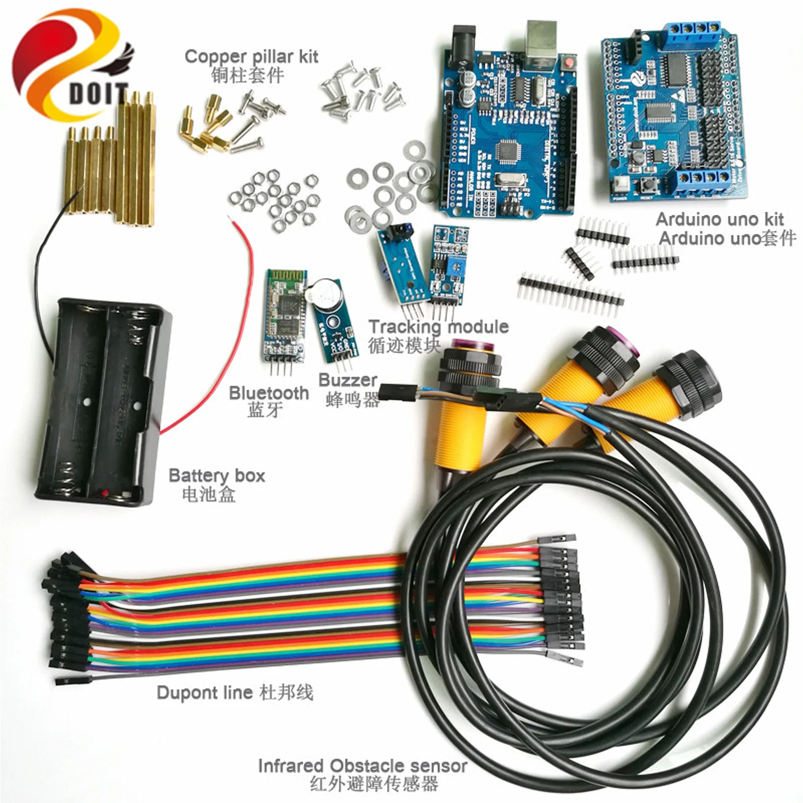 

Bluetooth Control Kit with HC-06 Module+UNO Board+Motor Driver Board+IR Obstacle Avoidance+ Tracking for Arduino Car DIY Kit