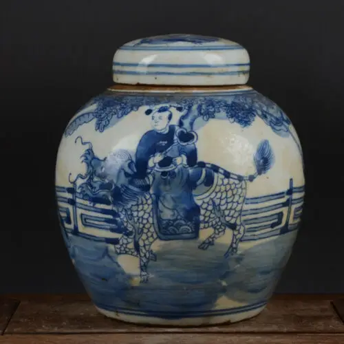 

Chinese Blue and White Porcelain Jar Qing Kylin & Kid Design Pot Tea Caddy 6.3"