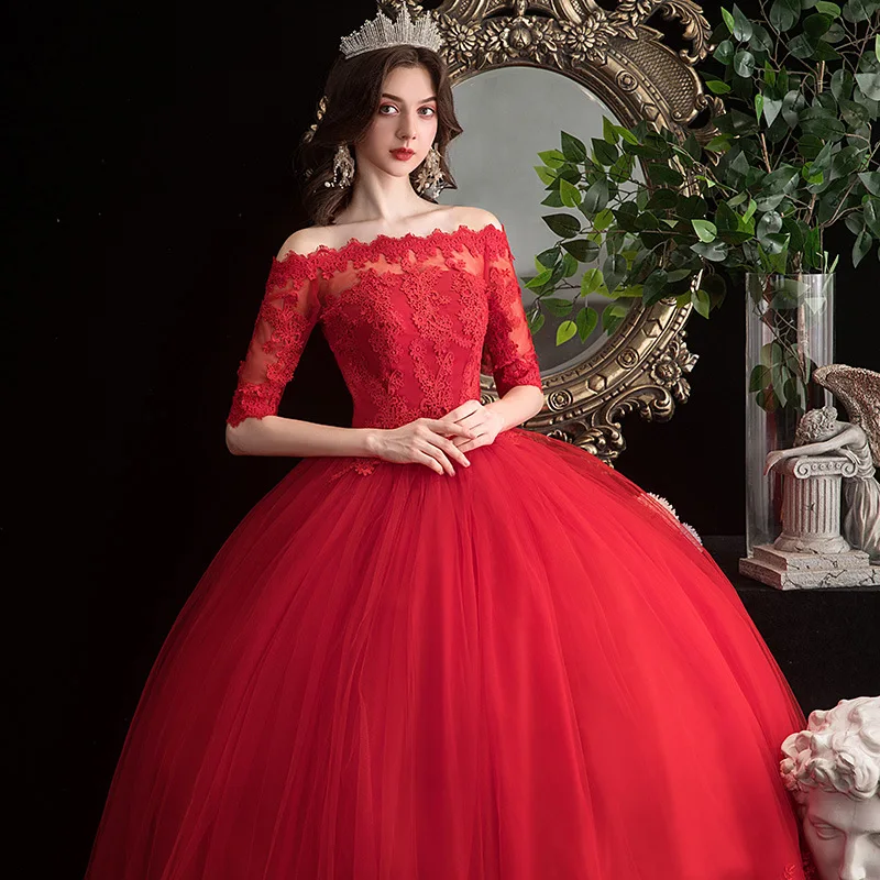 Robe De mariée classique rouge en dentelle, élégante, col bateau, grande taille, 2023 4