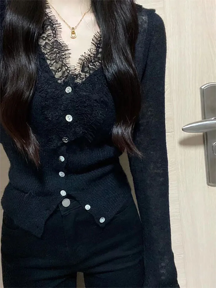 Y2k Aesthetic Black Lace Knitted Cardigan Mohair Slim Basic Harajuku Cardigan Femme V Neck Sweet Button Fashion Women Sweaters
Y2k Aesthetic Black Lace Knitted Cardigan Mohair Slim Basic Harajuku Cardigan Femme V Neck Sweet Button Fashion Women Sweaters