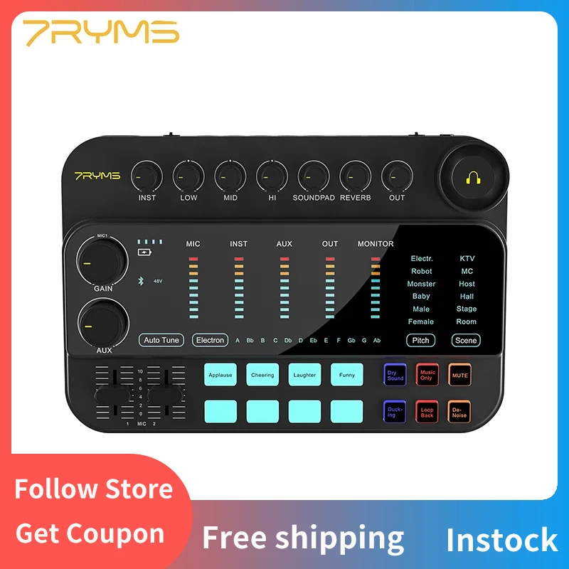 

7Ryms 7Caster SE2 USB Audio Interface 3.5mm, 6.35mm Instrument Inputs with XLR, for Recording, Streaming and Podcasting, ect