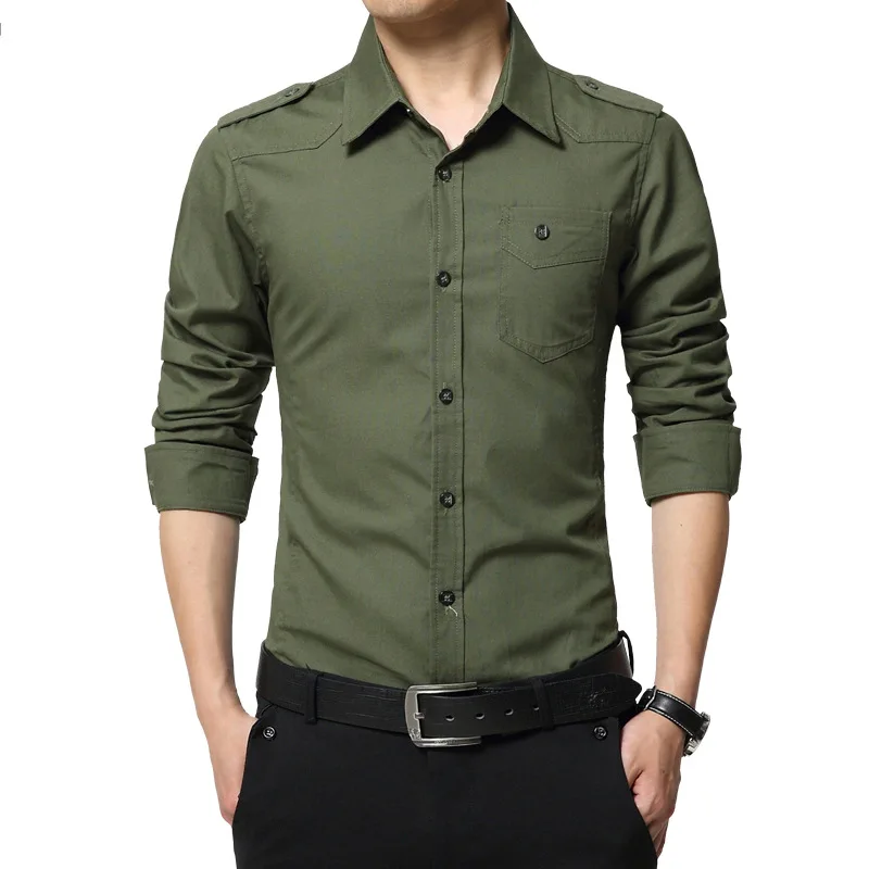 

2023 Men's epaulette Shirt Fashion Full Sleeve epaulet Shirt Military Style 100% Cotton Army Green Shirts with epaulets